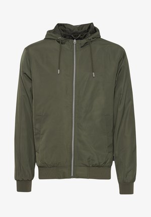 Olive green hooded jacket made of lightweight fabric, featuring a front zipper, elastic cuffs, and side pockets with a matte finish.