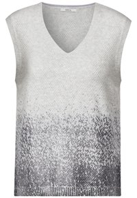 Suéter sin mangas de color gris claro con un escote en V, que presenta una superficie texturizada y un patrón degradado que transiciona a gris oscuro en la parte inferior.