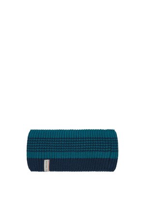 Fascia per capelli lavorata a maglia, piegata, con strisce blu e verde petrolio scuro e una piccola etichetta di tessuto del marchio sul lato.