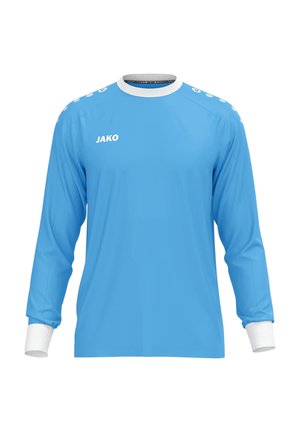 Lyseblå langærmet sportsjersey med hvide manchetter og krave, JAKO-logo på brystet og hvide prikker langs skuldrene, vist på ensfarvet baggrund.