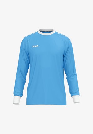 Lichtblauw sportshirt met lange mouwen, witte boorden en kraag, JAKO-logo op de borst en witte stippen langs de schouders, getoond op een effen achtergrond.