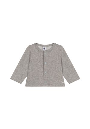 Cárdigan gris de manga larga hecho de algodón suave con un escote redondo y cinco botones turquesa en el frente. Diseño simple y limpio.