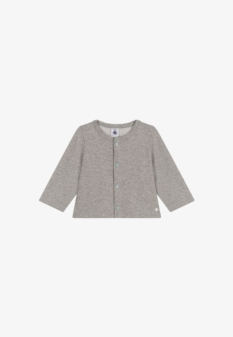 Cardigan gris à manches longues en coton doux avec un col rond et cinq boutons turquoise sur le devant. Design simple et épuré.