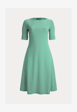 Green and white striped dress with a round neckline and short sleeves, featuring a flared skirt and soft, stretchy fabric.