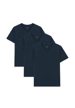 Three navy blue v-neck t-shirts displayed together. Each shirt features short sleeves and a smooth texture, made from soft material.