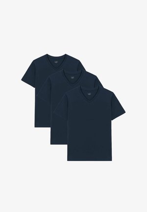 Three navy blue v-neck t-shirts displayed together. Each shirt features short sleeves and a smooth texture, made from soft material.