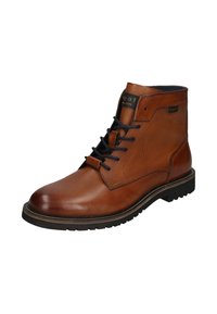 Braune Leder-Stiefeletten mit strukturiertem Finish, ausgestattet mit schwarzen Schnürsenkeln, einer kontrastierenden Sohle und einem Logo an der Seite.