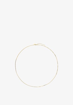 Dünne goldene Halskette mit kleinem Verschluss und verstellbarer Verlängerungskette auf weißem Hintergrund.