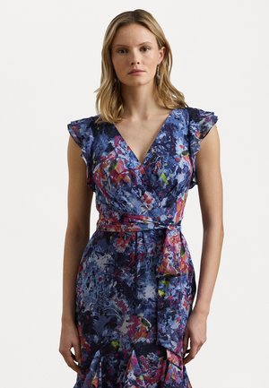 Print Ruffle Trim Crinkle Georgette Gown - Robe de cocktail - blue multi