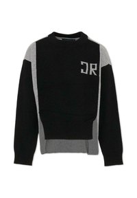 Maglione lavorato a maglia nero e grigio con scollo rotondo, caratterizzato da un design cropped e un logo "DR" sulla parte anteriore. Maniche testurizzate con polsini a coste.