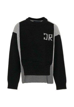 Maglione lavorato a maglia nero e grigio con scollo rotondo, caratterizzato da un design cropped e un logo "DR" sulla parte anteriore. Maniche testurizzate con polsini a coste.
