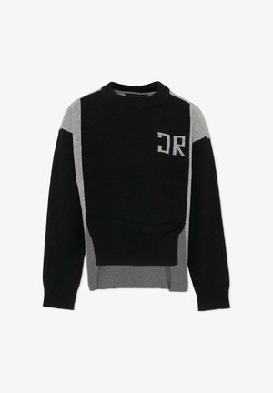 Czarny i szary sweter z dzianiny o okrągłym dekolcie, z krótkim krojem i logo "DR" z przodu. Teksturowane rękawy z ściągaczami.