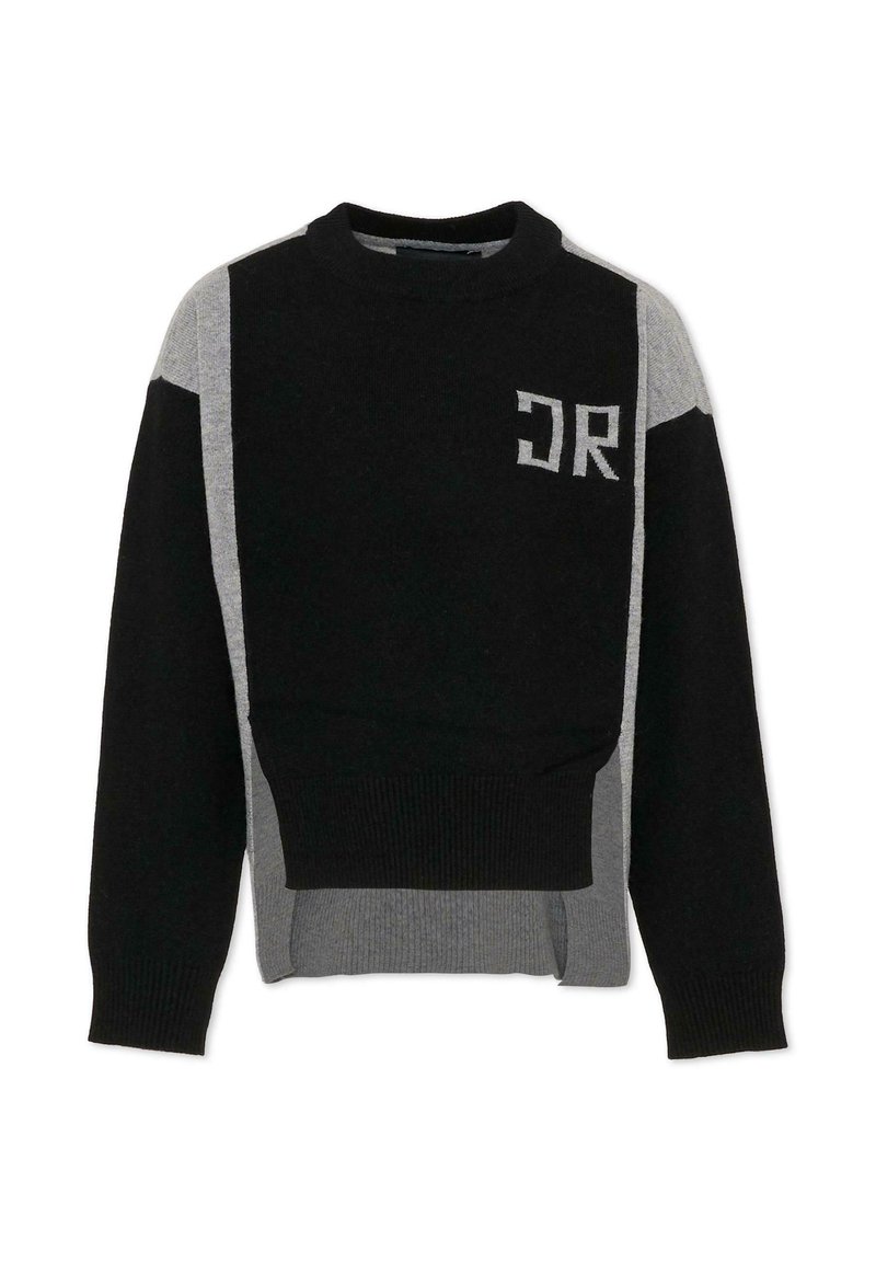 Maglione lavorato a maglia nero e grigio con scollo rotondo, caratterizzato da un design cropped e un logo "DR" sulla parte anteriore. Maniche testurizzate con polsini a coste.
