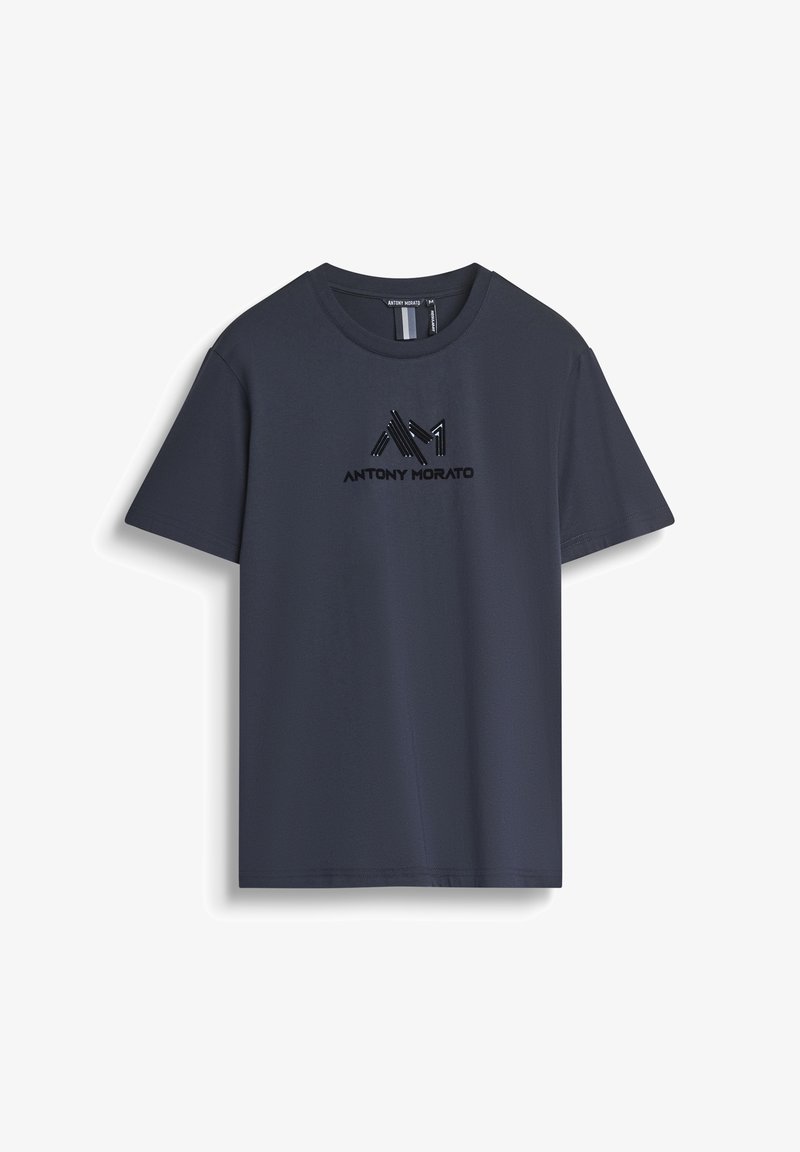 T-shirt à manches courtes bleu marine avec col rond et logo noir "Antony Morato" centré sur la poitrine, taille moyenne.