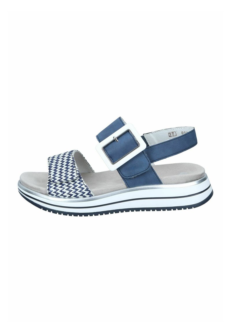 Sandal blu e bianco con motivo, fasciatura larga, grande fibbia argentata, soletta imbottita e suola spessa bianca con battistrada nero.