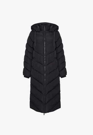 Langer schwarzer Puffer-Mantel mit Kapuze, ausgestattet mit Chevron-Steppung, Reißverschluss und verstellbaren Riemen an der Kapuze und den Ärmelbündchen.