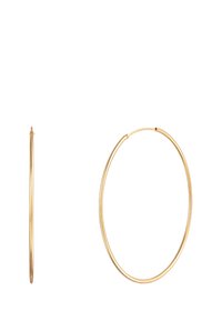 Goldene Creolen mit einem glatten, runden Design. Dünnes Profil, das eine durchgehende Schleife ohne sichtbare Verschlüsse oder Verzierungen zeigt.