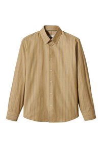 Camicia abbottonata beige con righe verticali blu, maniche lunghe, colletto standard e cinque bottoni sul davanti. Tessuto morbido.