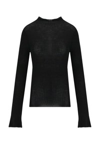 Maglietta nera a maniche lunghe con un collo alto, caratterizzata da una superficie strutturata e delicate rifiniture a volant lungo il colletto e i polsini.