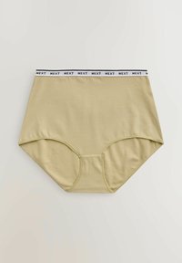 Slip beige taille haute pour femme avec une ceinture élastique blanche ornée du texte noir "NEXT" répété.