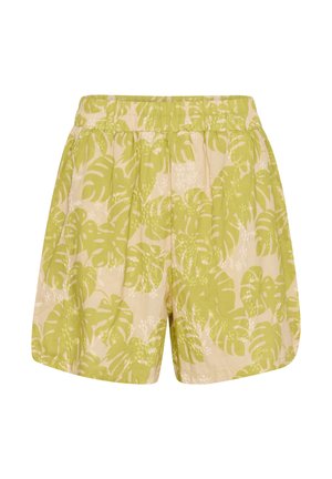 Grüne und beige Shorts mit einem tropischen Blattmuster; elastischer Bund und plissiertes Design; leichtes Material mit einer weichen Textur.