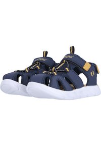 Miljöblå barnsandaler med utskärningar, elastiska snören och gula accenter; lätt vit sula för grepp och komfort.