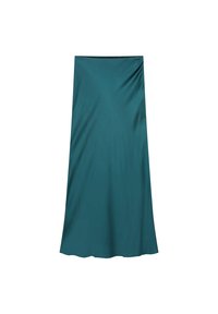 Teal satijnen maxi rok met een zachte textuur, uitlopende vorm en een elastische tailleband, met een eenvoudig, onversierd ontwerp.