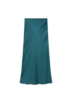 Teal Satin-Midirock mit glatter Textur, ausgestellter Form und elastischem Bund, der ein einfaches, ungeschmücktes Design aufweist.