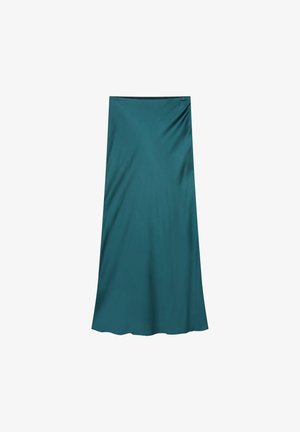 Teal Satin-Midirock mit glatter Textur, ausgestellter Form und elastischem Bund, der ein einfaches, ungeschmücktes Design aufweist.