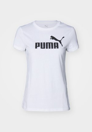 Hvid bomulds t-shirt med rund halsudskæring, der har et stort sort "PUMA" logo og en sort puma silhuet på venstre skulder.