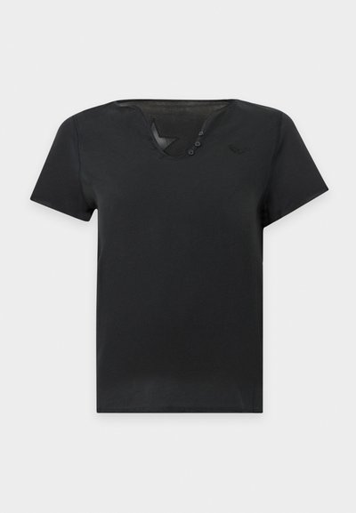 Black short-sleeve t-shirt with a small V-neck opening featuring three buttons on the right side of the collar.