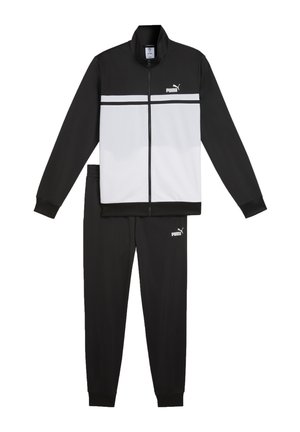 Sort og hvid Puma træningsdragt med lynlåstrøje og hvid vandret stribe samt matchende sorte bukser med logo på venstre lår.