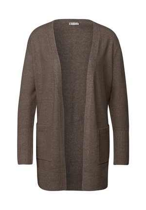 Cardigan en tricot marron avec un devant ouvert, des poignets côtelés et deux poches à l'avant. Texture douce et coupe décontractée pour le confort.