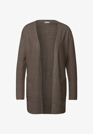 Brązowy sweter z dzianiny, otwarty z przodu, z prążkowanymi mankietami i dwiema kieszeniami z przodu. Miękka tekstura i luźny krój zapewniający komfort.