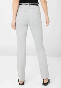 Pantalons en denim gris avec une coupe droite, présentant des poches arrière et une ceinture noire, vus de dos. Texture lisse et détails réduits.