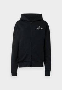 Čierna mikina na zips vyrobená z materiálu z bavlny a polyesteru. Má predný zips, klokaní vrecko, ribové manžety a biele logo "REPLAY".