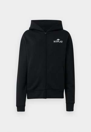 Sudadera negra con cremallera hecha de una mezcla de algodón. Cuenta con una cremallera delantera, un bolsillo tipo canguro, puños de canalé y el logo "REPLAY" en blanco.