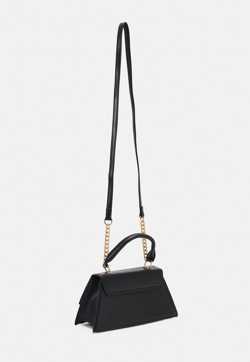 Black leather handbag with a structured shape, featuring a gold chain strap and a top handle. Smooth texture and flap closure.