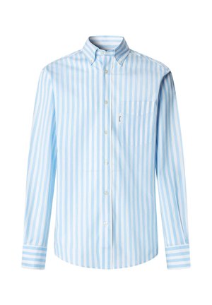 Lichtblauw-wit gestreept overhemd met lange mouwen van katoen, voorzien van een zak aan de linkerkant en een button-down kraag.