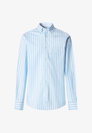 Hellblau-weiß gestreiftes, langärmliges Hemd aus Baumwolle mit Knöpfen, einer Tasche auf der linken Seite und einem Button-Down-Kragen.