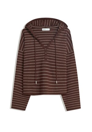 Bruine hooded long-sleeve top met witte horizontale strepen, drie-knops V-hals en koorden op de capuchon, gelabeld als Bershka.