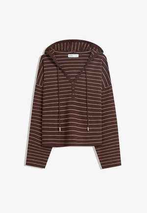 Bruine hooded long-sleeve top met witte horizontale strepen, drie-knops V-hals en koorden op de capuchon, gelabeld als Bershka.