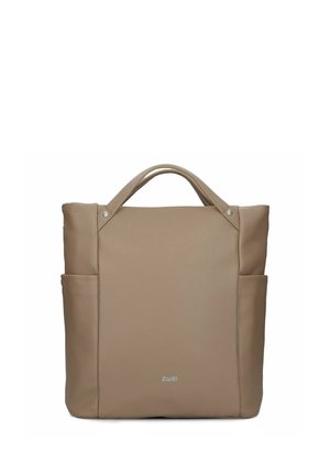 Borsa a tracolla quadrata beige con doppi manici, tasche laterali e sottile logo "zwei" al centro in basso.