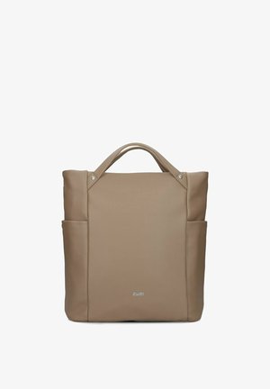 Borsa a tracolla quadrata beige con doppi manici, tasche laterali e sottile logo "zwei" al centro in basso.