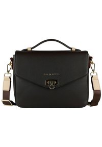 Black structured leather handbag with a textured finish, gold hardware, top handle, and adjustable strap. Features a clasp closure.