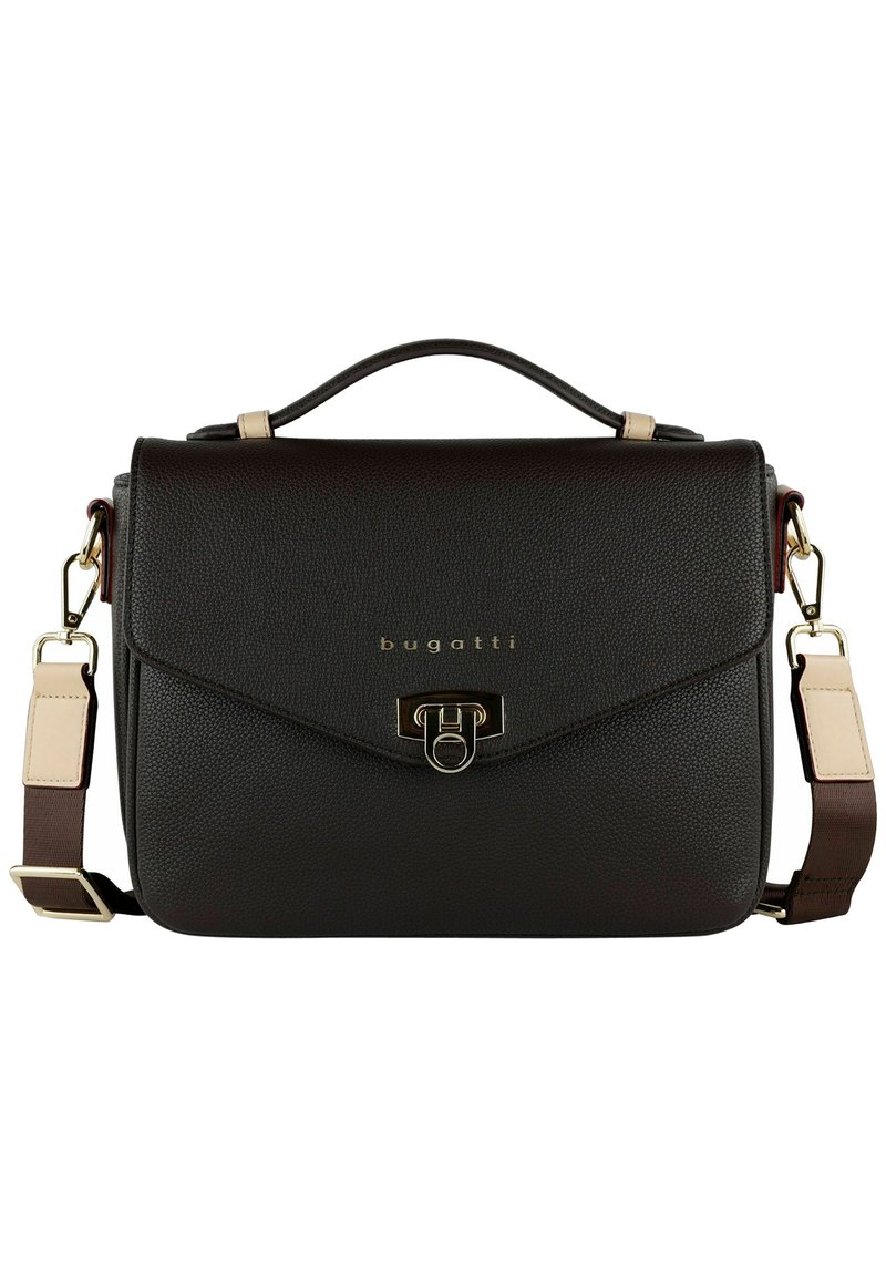 Black structured leather handbag with a textured finish, gold hardware, top handle, and adjustable strap. Features a clasp closure.