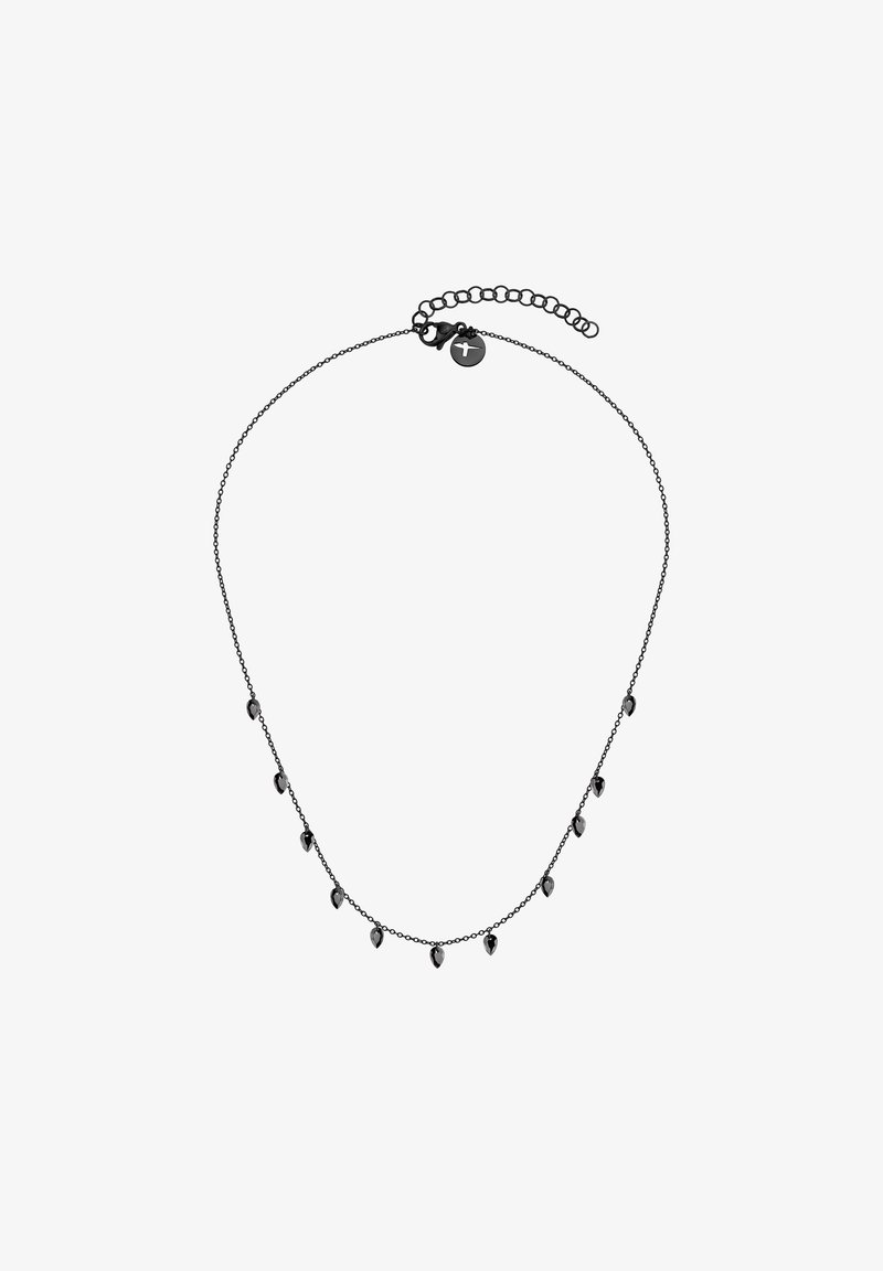 Collier chaîne noire délicate avec de petits pendentifs en forme de goutte d'eau uniformément espacés sur toute la longueur et fermoir réglable avec une étiquette ronde.