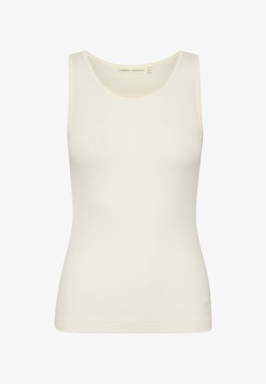 Biały bawełniany top na ramiączkach z dekoltem w serek i dopasowanym krojem. Gładka tekstura, bez widocznych wzorów, z małym logo na dole.