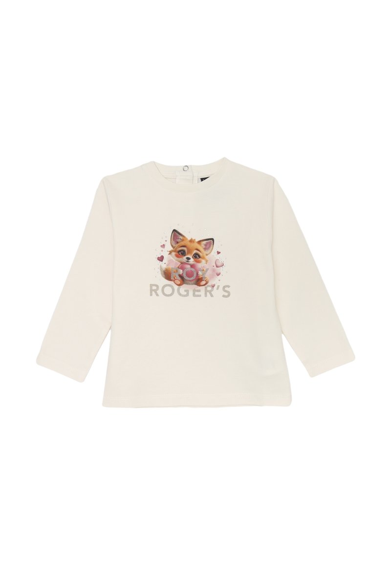 Maglietta a maniche lunghe color crema chiara con una grafica di una volpe che tiene un cuore, con il testo "ROGER'S" sottostante in grigio metallico.
