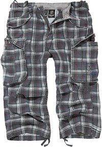 Shorts cargo de cuadros grises que presentan una mezcla de tonos oscuros y claros con acentos en rosa. Múltiples bolsillos y cuerdas ajustables en el dobladillo.